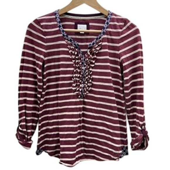Mavis & Co Tops - Anthropologie Mavis & Co Striped Ruffle Henley Top Sm Burgundy Shirt Cute Casual